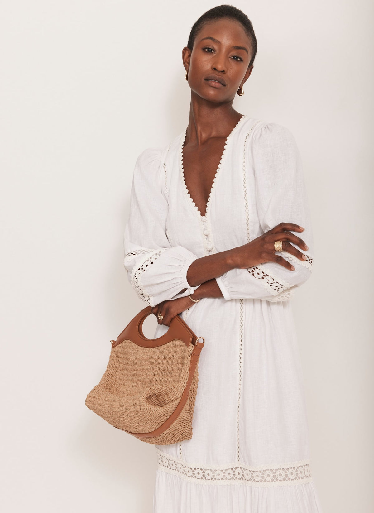 White Crochet Linen Blend Midi Dress