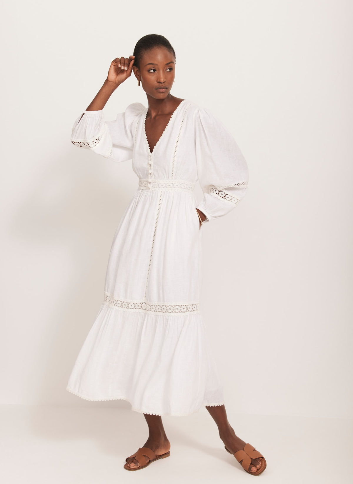 White Crochet Linen Blend Midi Dress
