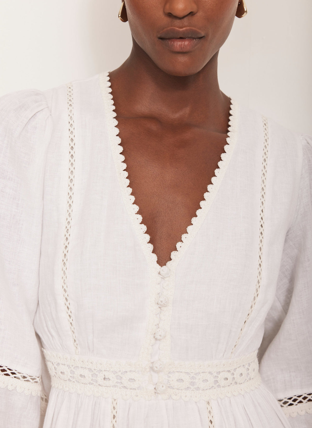 White Crochet Linen Blend Midi Dress