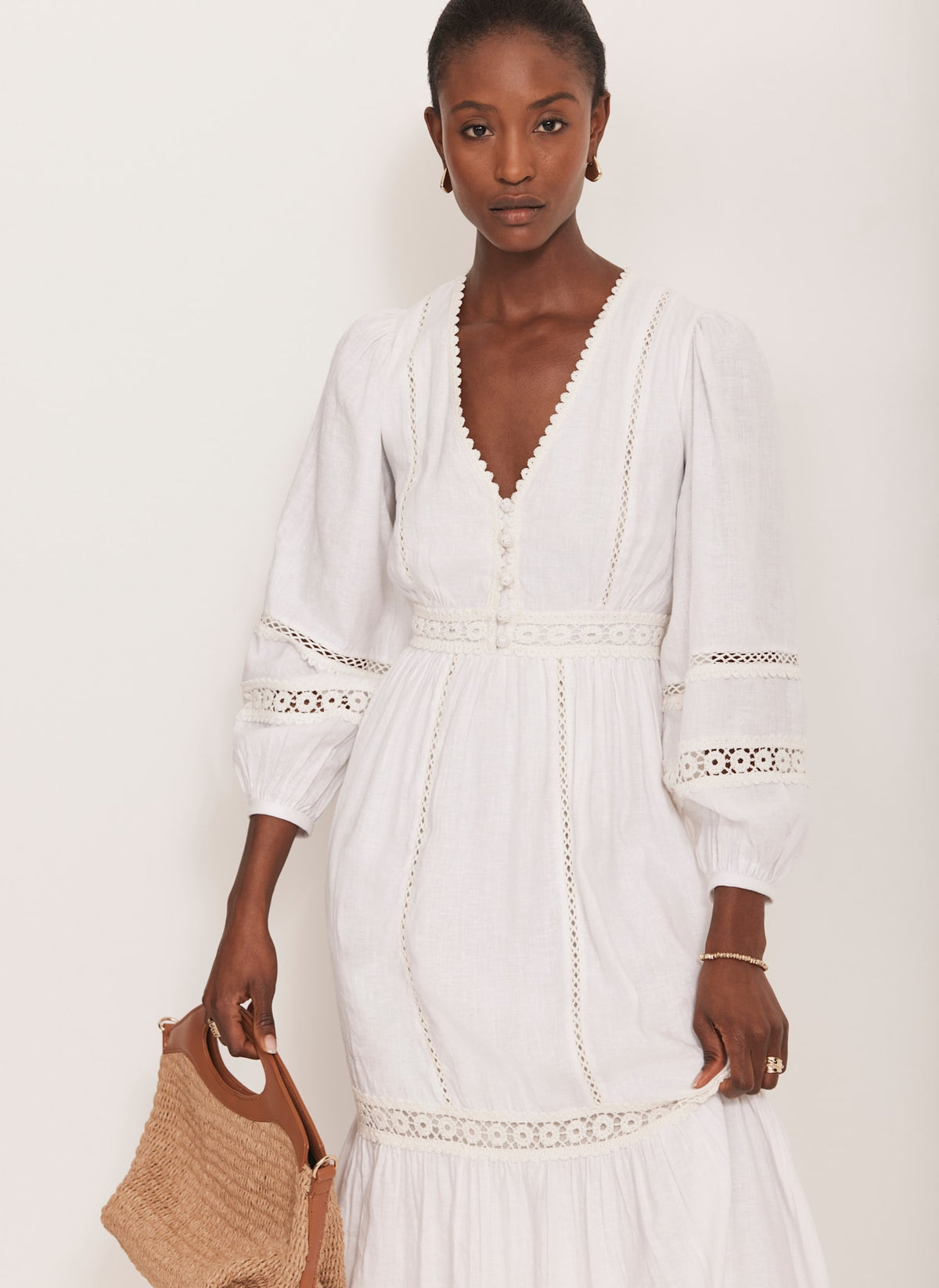 White Crochet Linen Blend Midi Dress