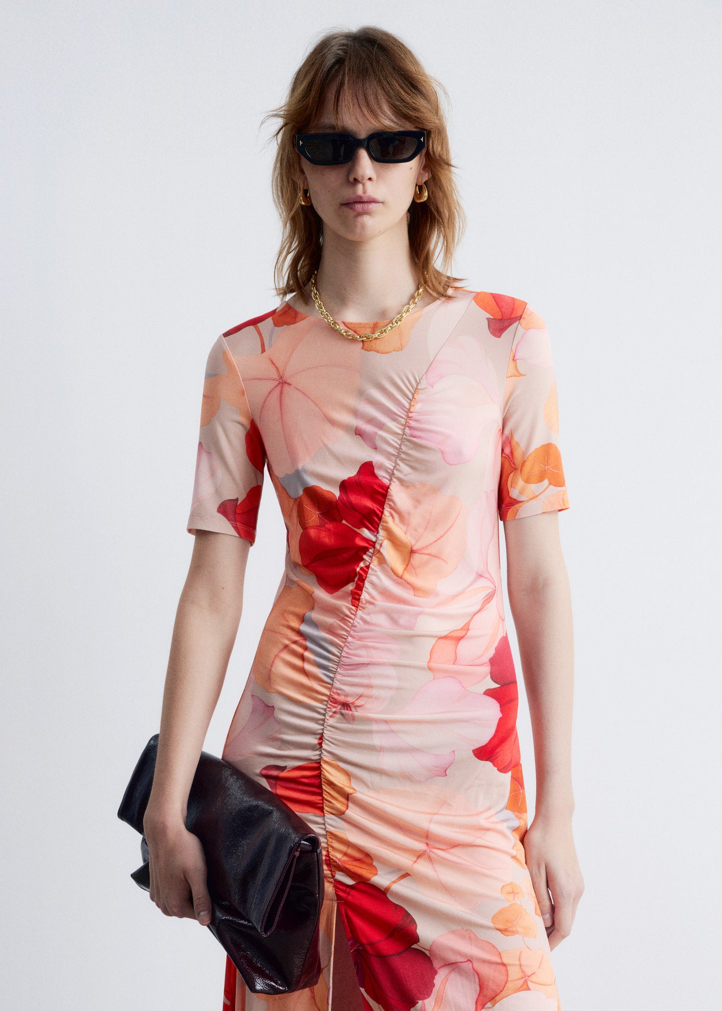 Ruched Short-Sleeve Midi Dress