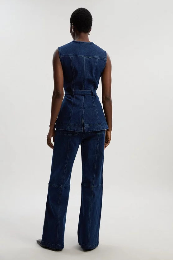 Denim Button Front Straight Leg Trousers