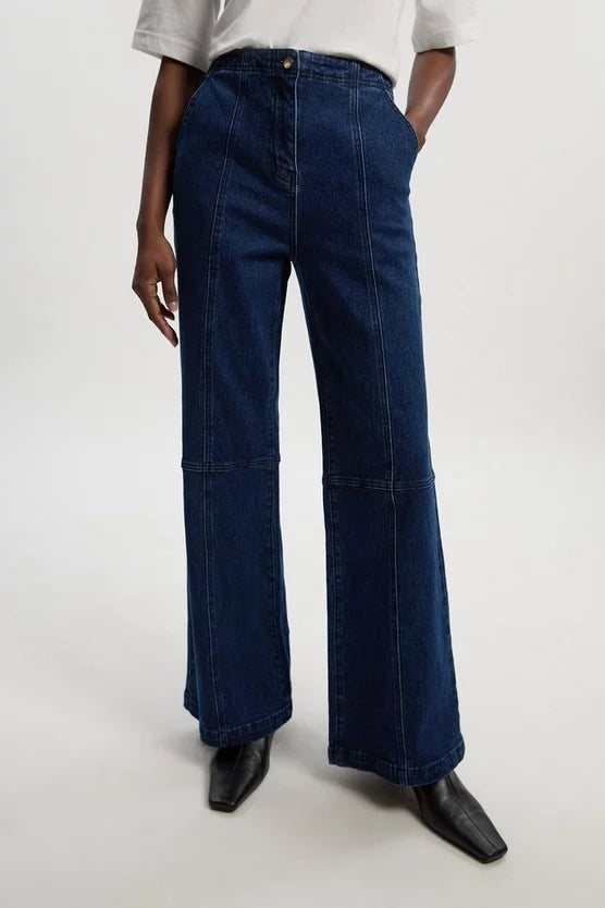 Denim Button Front Straight Leg Trousers