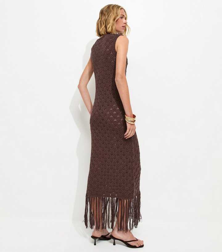 Dark Brown Crochet Fringe Hem Maxi Dress