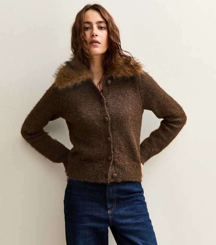 Dark Brown Faux Fur Collar Cardigan