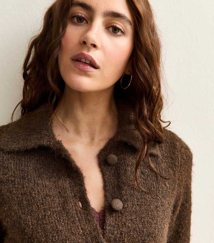 Dark Brown Faux Fur Collar Cardigan
