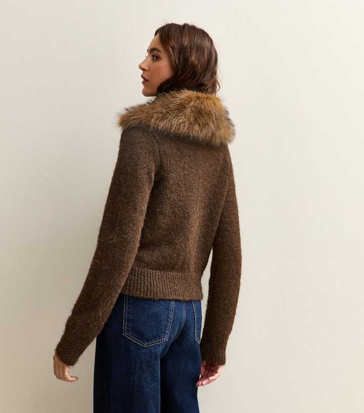 Dark Brown Faux Fur Collar Cardigan