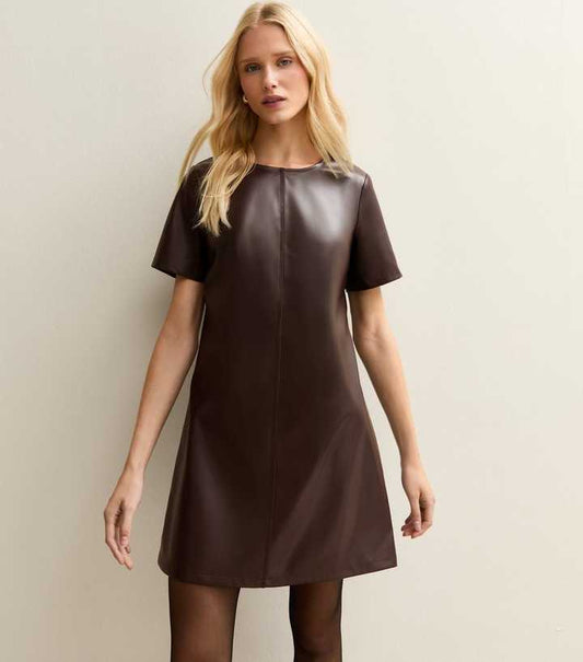 Dark Brown Faux Leather Short Sleeve Mini Dress