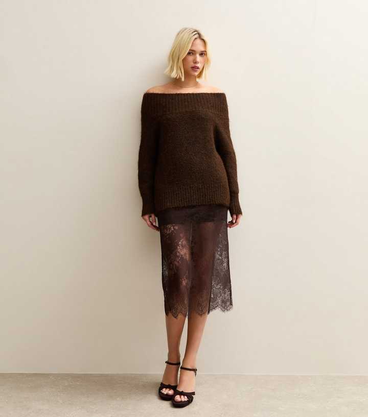 Dark Brown Lace Midi Skirt