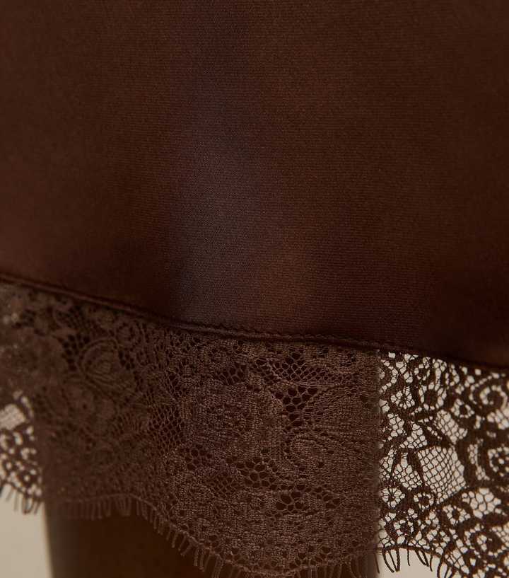 Dark Brown Satin Lace Trimmed Midi Skirt