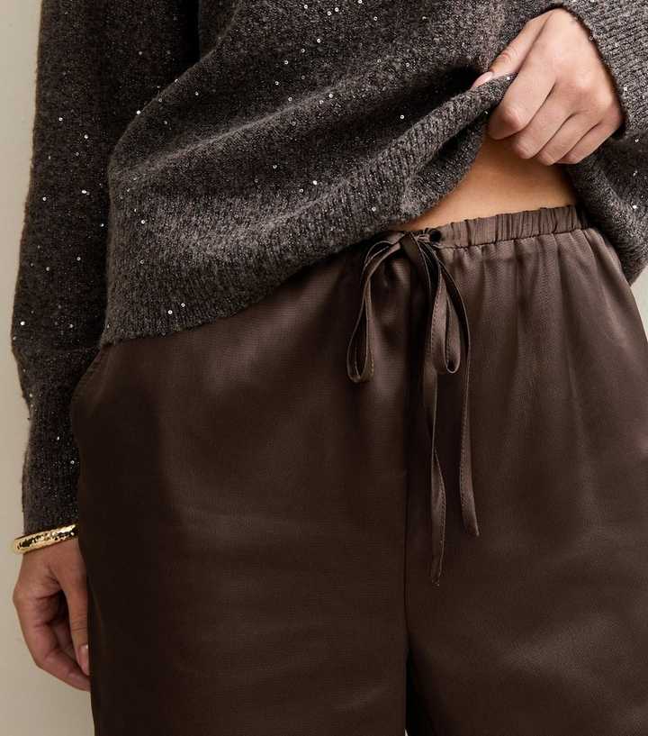 Dark Brown Satin Wide Leg Trousers