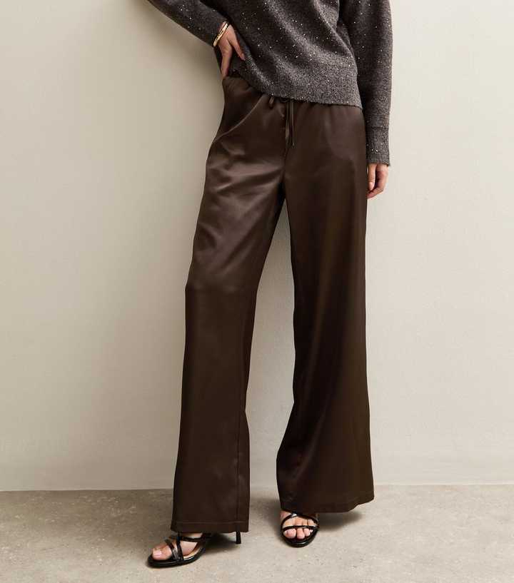 Dark Brown Satin Wide Leg Trousers