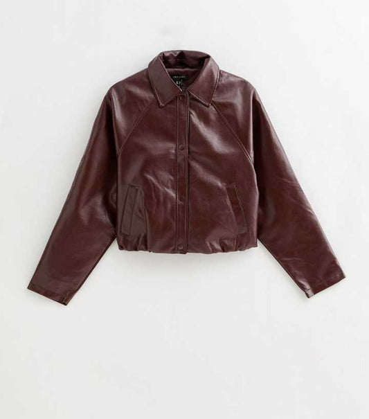 Dark Burgundy Bubble Hem Faux Leather Jacket
