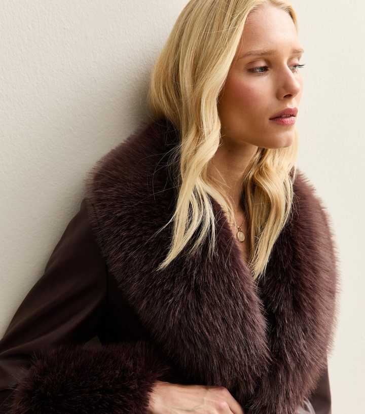 Dark Burgundy Faux Leather Faux Fur Trim Longline Jacket