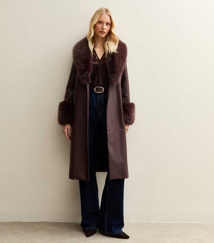 Dark Burgundy Faux Leather Faux Fur Trim Longline Jacket
