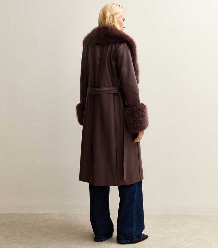Dark Burgundy Faux Leather Faux Fur Trim Longline Jacket