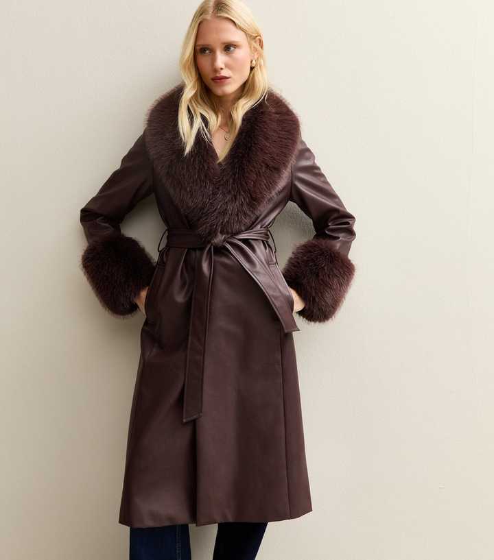 Dark Burgundy Faux Leather Faux Fur Trim Longline Jacket