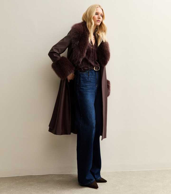 Dark Burgundy Faux Leather Faux Fur Trim Longline Jacket