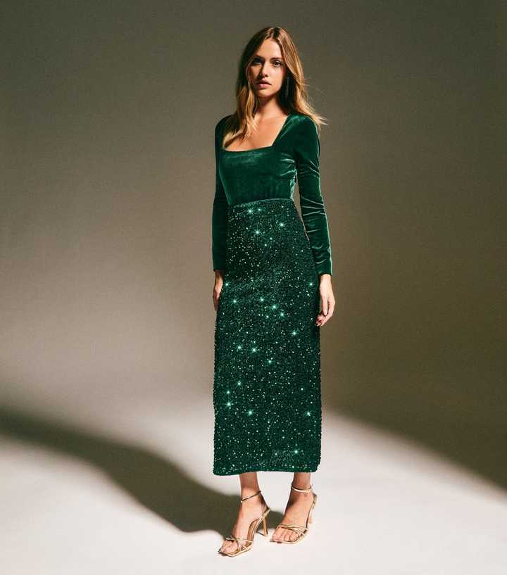 Dark Green Velvet Sequin Embellished Midi Skirt