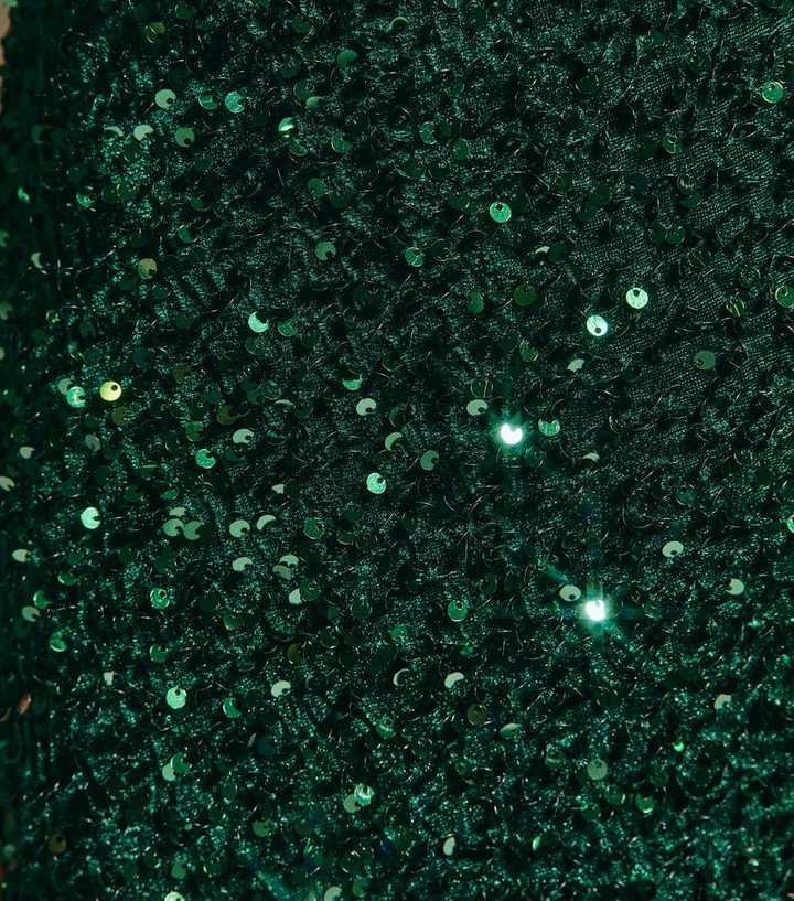 Dark Green Velvet Sequin Embellished Midi Skirt