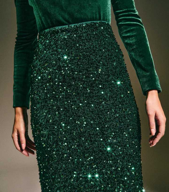 Dark Green Velvet Sequin Embellished Midi Skirt