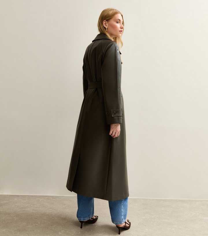 Dark Khaki Faux Leather Trench Coat