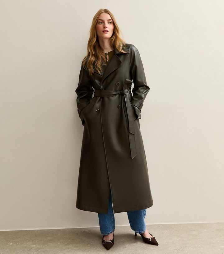 Dark Khaki Faux Leather Trench Coat