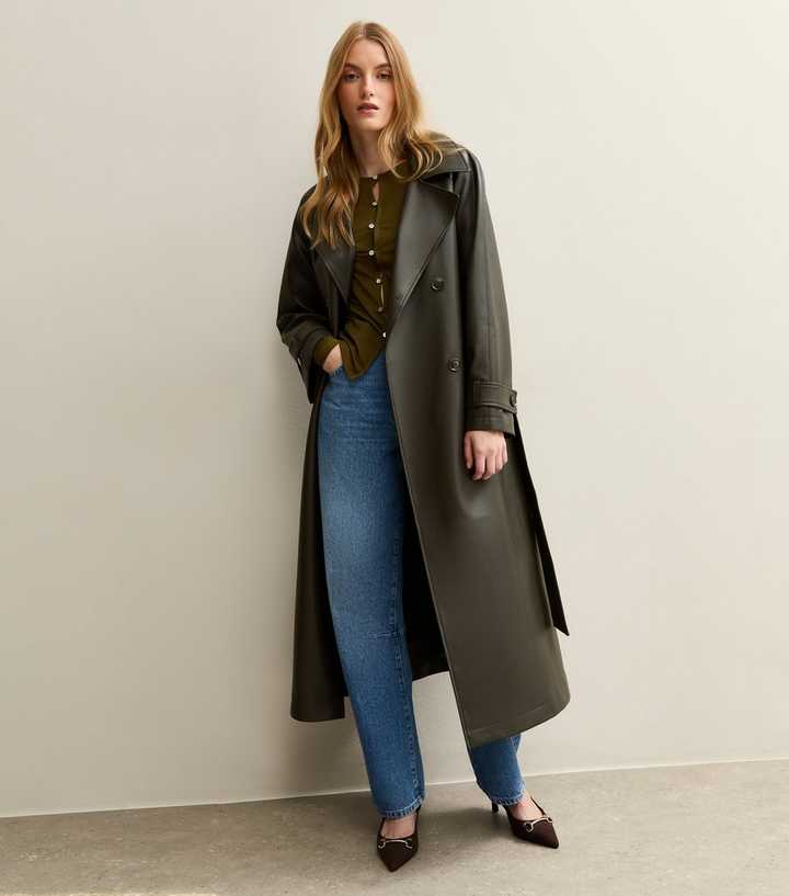 Dark Khaki Faux Leather Trench Coat