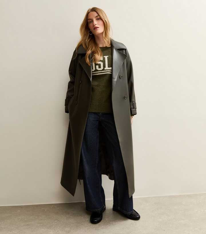 Dark Khaki Faux Leather Trench Coat