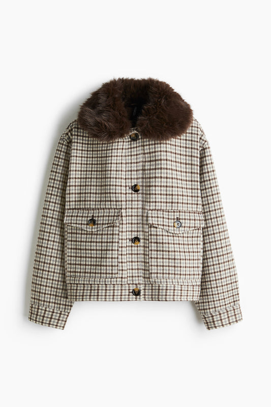 Fluffy-collar twill jacket