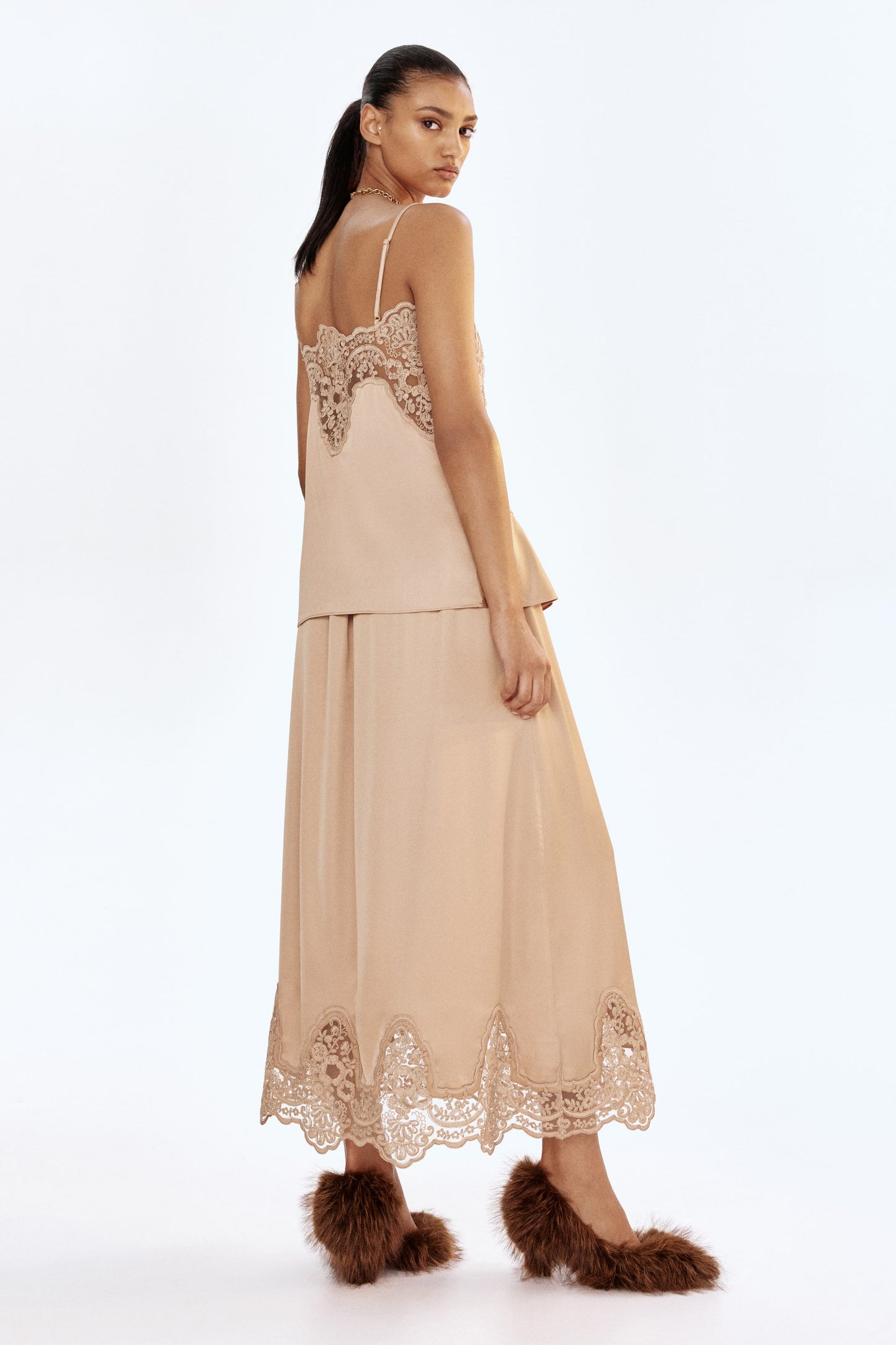 Lace-trimmed satin skirt
