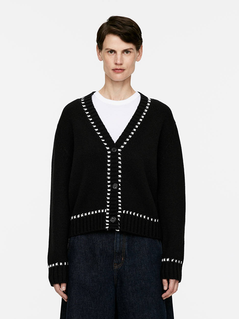 Contrast-Stitch Wool Cardigan