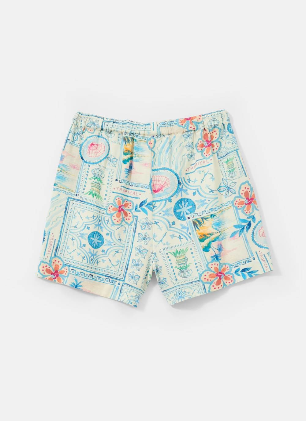 Cream Postcard Print Shorts