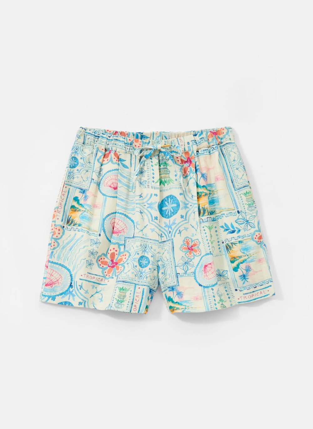 Cream Postcard Print Shorts