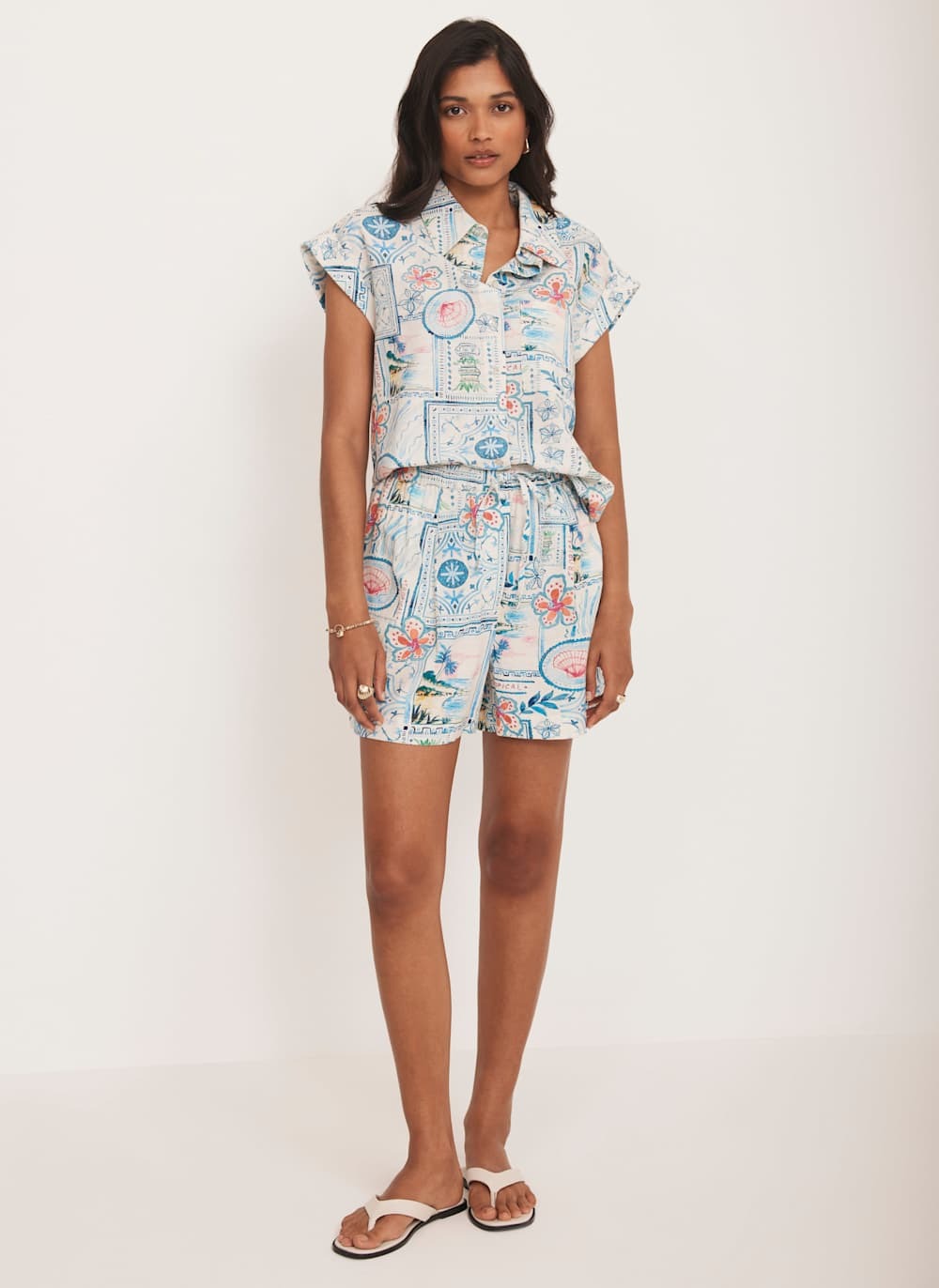 Cream Postcard Print Shorts