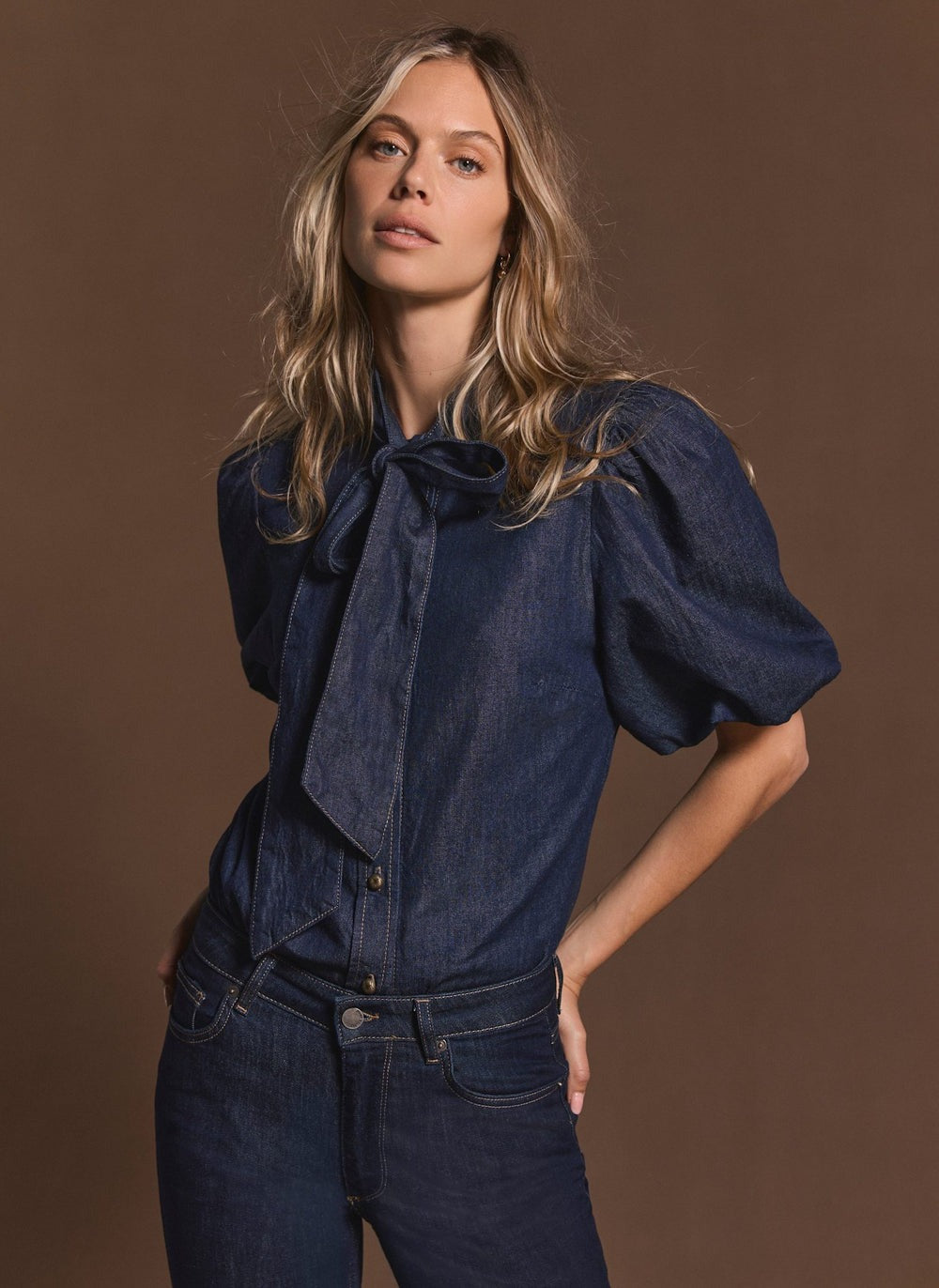 Dark Indigo Puff Sleeve Denim Shirt