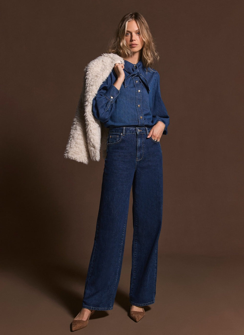 Tie Neck Denim Blouse