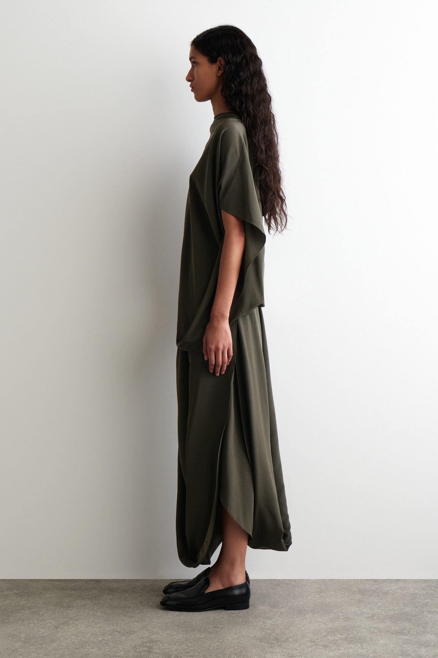 Draped Silk Midi Skirt