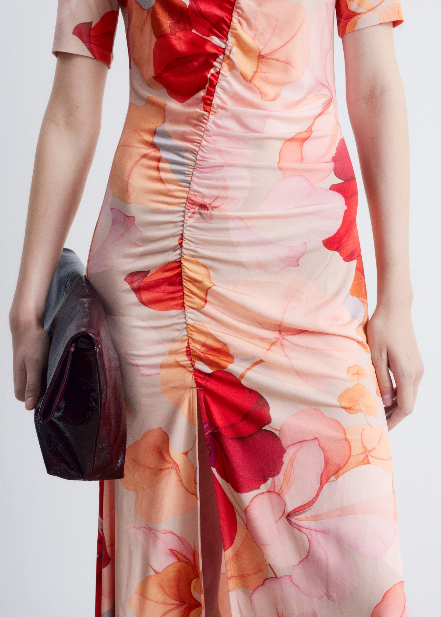 Ruched Short-Sleeve Midi Dress