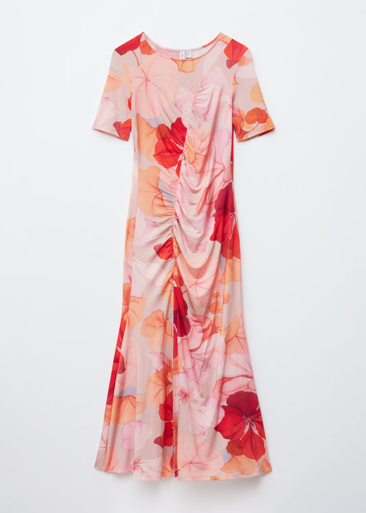 Ruched Short-Sleeve Midi Dress