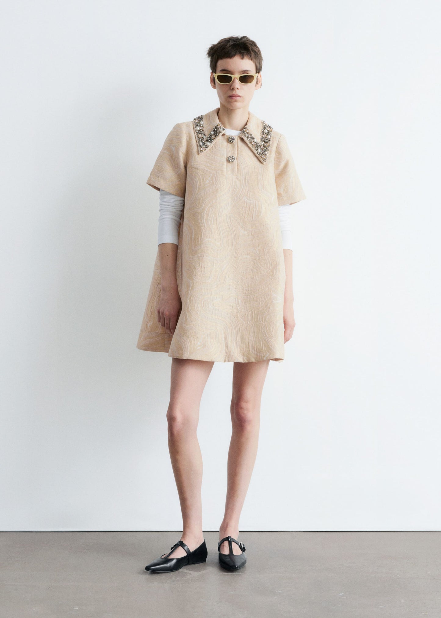 Short-Sleeve Jacquard Mini Dress