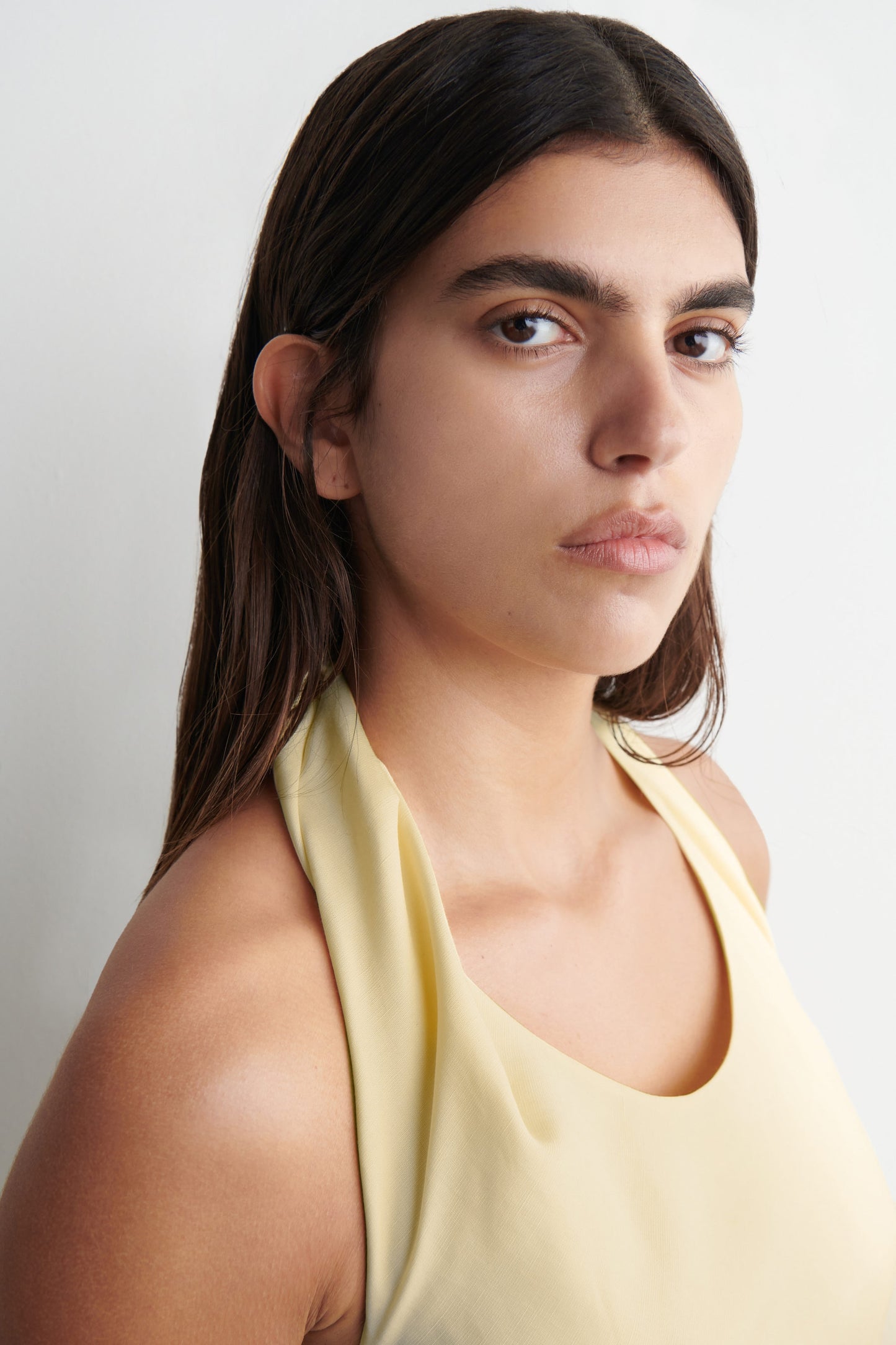 Twisted linen-blend halterneck dress