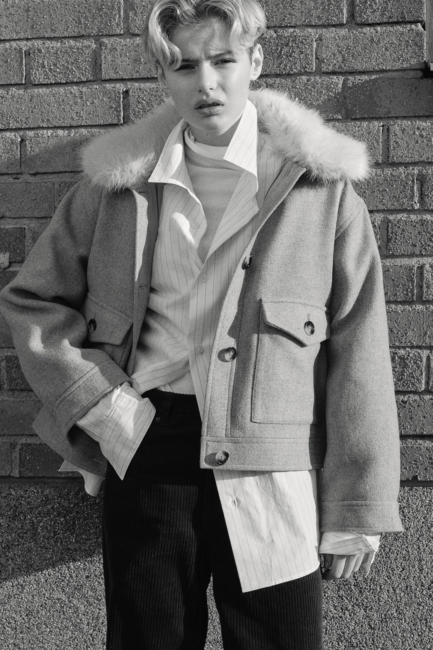 Fluffy-collar twill jacket