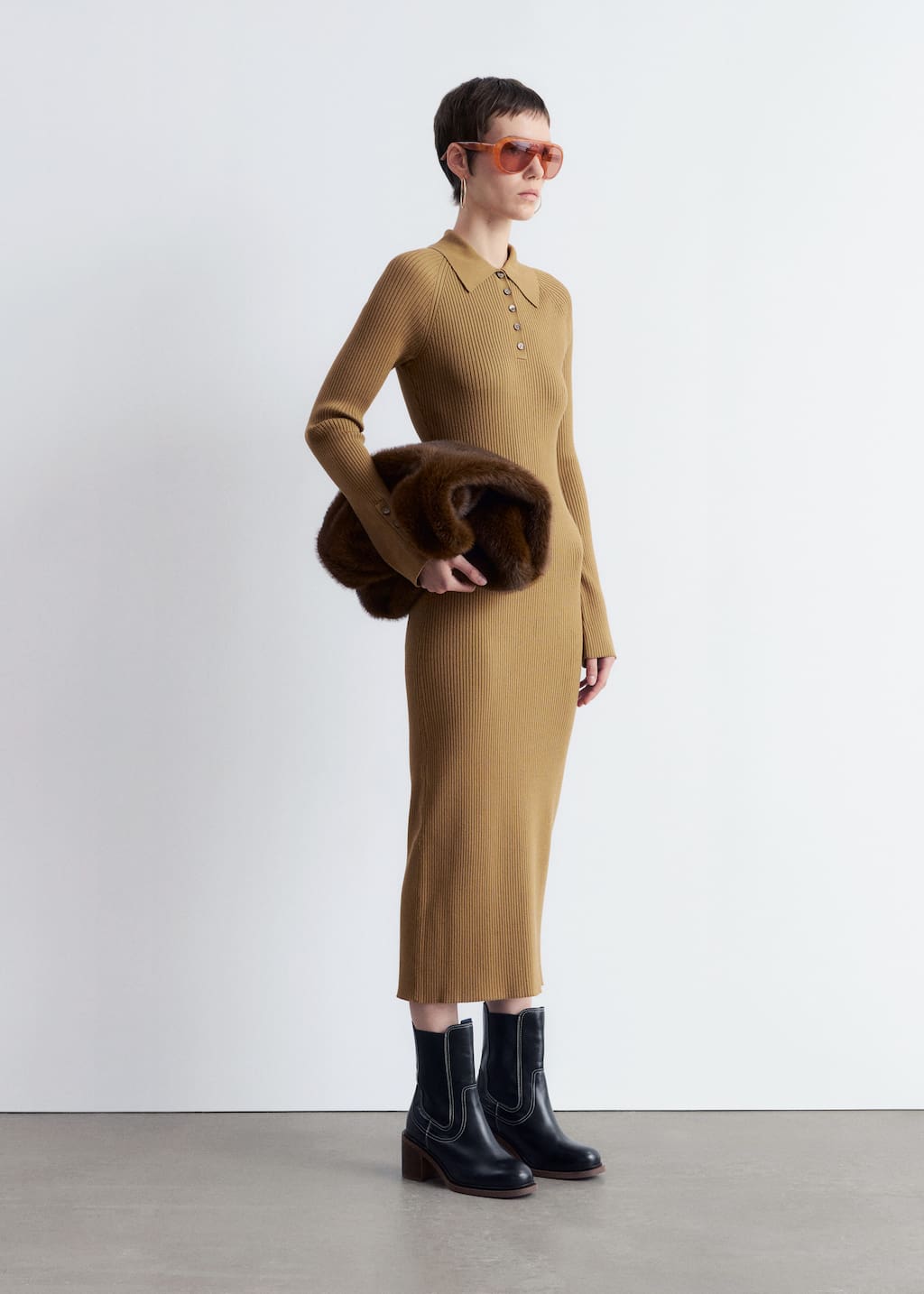 Rib-Knit Polo Midi Dress
