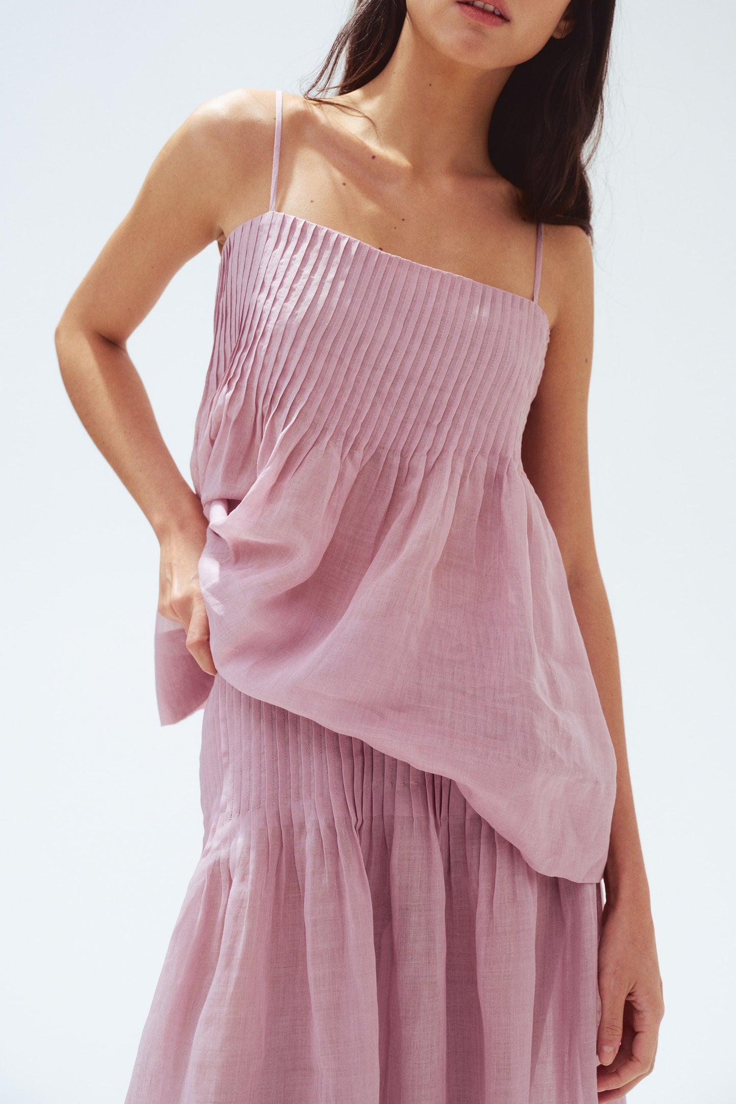 Pintucked ramie strappy top