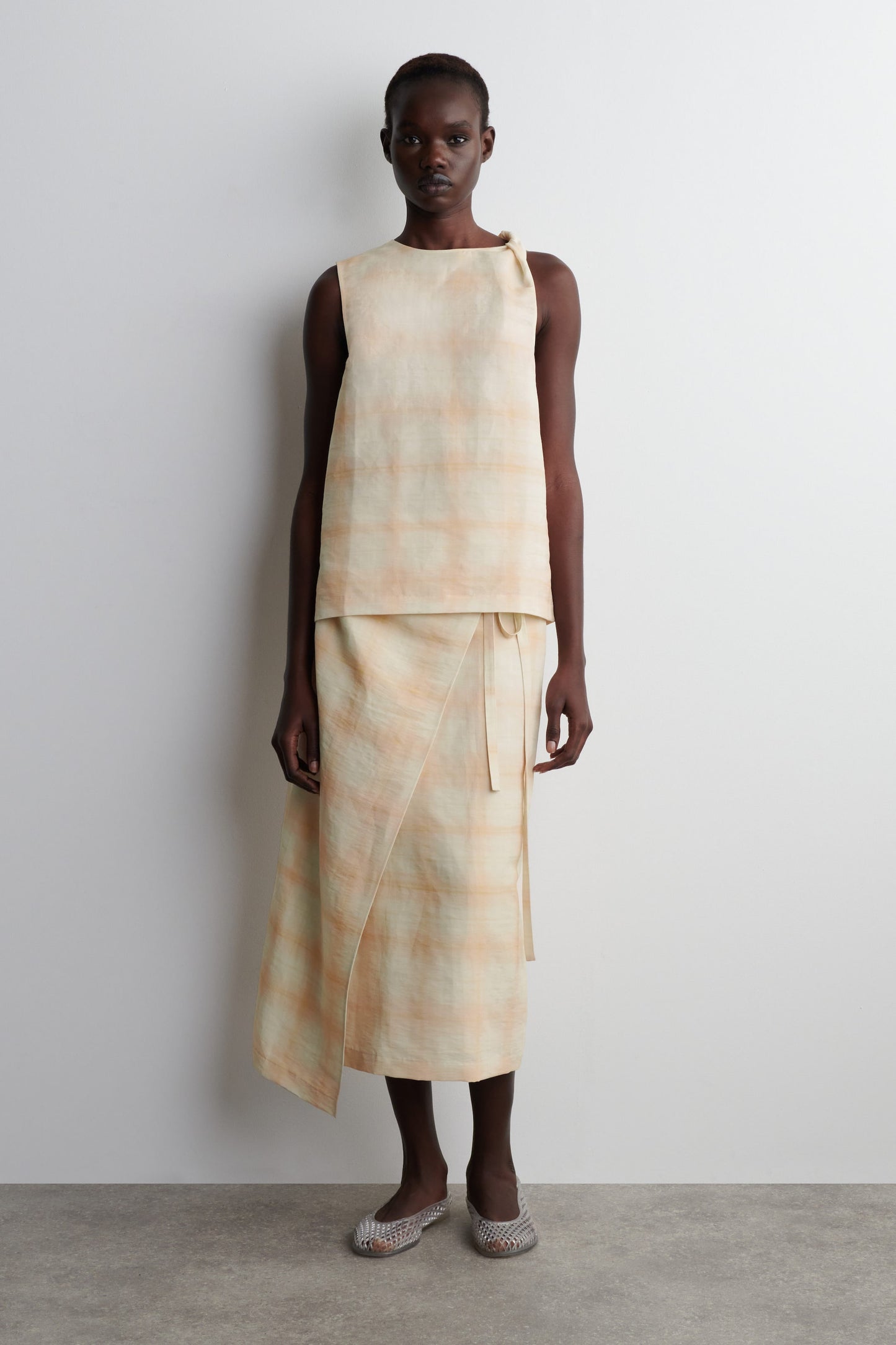 Checked Twisted-Shoulder Top
