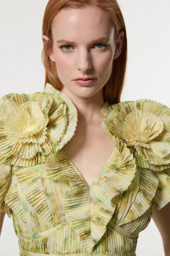 Crinkle Pleat Border Print Blouse With Rosette Detail