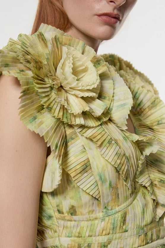 Crinkle Pleat Border Print Blouse With Rosette Detail