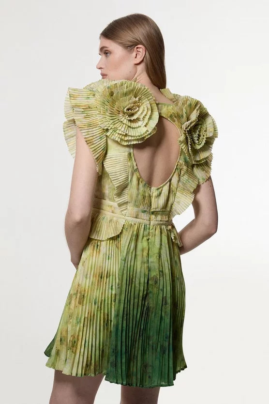Crinkle Pleat Border Print Mini Dress With Rosette Detail