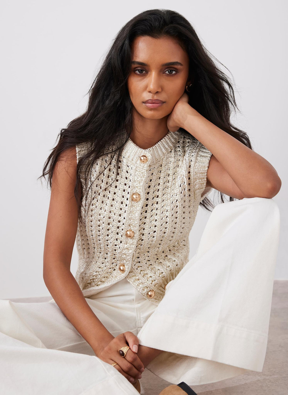 Gold Cotton Blend Foil Knit Waistcoat